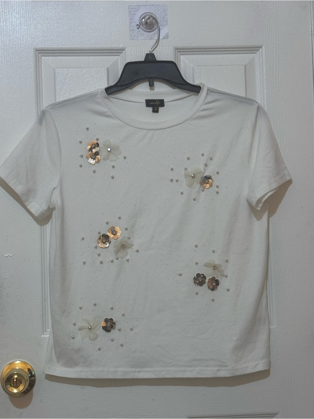 White Embellished Short Sleeve Tee with Floral Sequins - Ladies